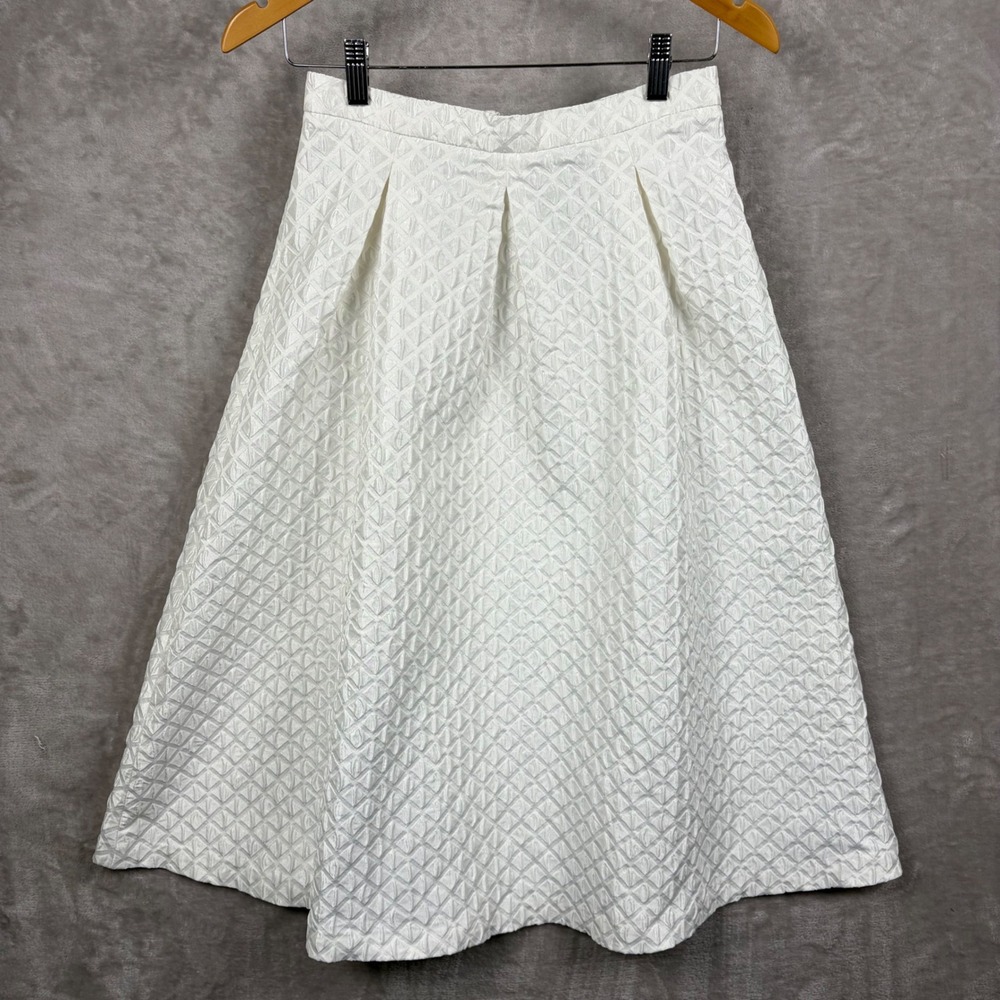 Topshop Blogger Skirt White Textured Jacquard Pleated Midi High Waisted US 6